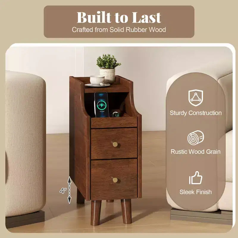 Table d'appoint en bois massif Costway avec tablette coulissante et 2 tiroirs de rangement et gestion des câbles
