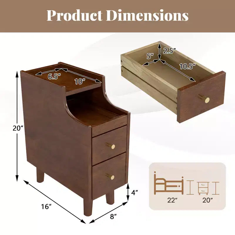 Table d'appoint en bois massif Costway avec tablette coulissante et 2 tiroirs de rangement et gestion des câbles