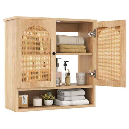 Costway Bathroom Wall Cabinet with Adjustable Shelves Open Cube 2 PE Rattan Doors for Over Toilet Wall Mounted Medicine Cabinet Natural