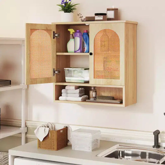 Meuble Haut de Salle de Bain Costway avec Étagères Réglables, Compartiment Ouvert et 2 Portes en Rotin PE, à Suspendre au-dessus des Toilettes, Meuble de Rangement Mural Naturel