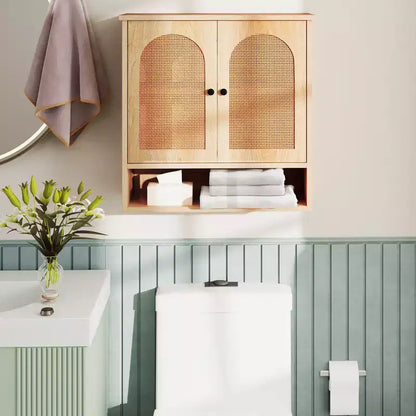 Meuble Haut de Salle de Bain Costway avec Étagères Réglables, Compartiment Ouvert et 2 Portes en Rotin PE, à Suspendre au-dessus des Toilettes, Meuble de Rangement Mural Naturel