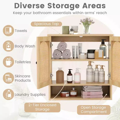 Meuble Haut de Salle de Bain Costway avec Étagères Réglables, Compartiment Ouvert et 2 Portes en Rotin PE, à Suspendre au-dessus des Toilettes, Meuble de Rangement Mural Naturel