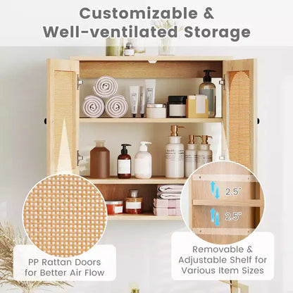 Meuble Haut de Salle de Bain Costway avec Étagères Réglables, Compartiment Ouvert et 2 Portes en Rotin PE, à Suspendre au-dessus des Toilettes, Meuble de Rangement Mural Naturel