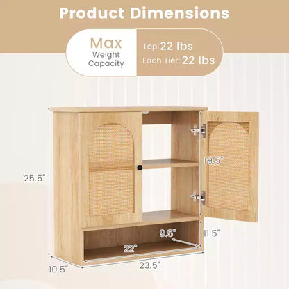 Meuble Haut de Salle de Bain Costway avec Étagères Réglables, Compartiment Ouvert et 2 Portes en Rotin PE, à Suspendre au-dessus des Toilettes, Meuble de Rangement Mural Naturel