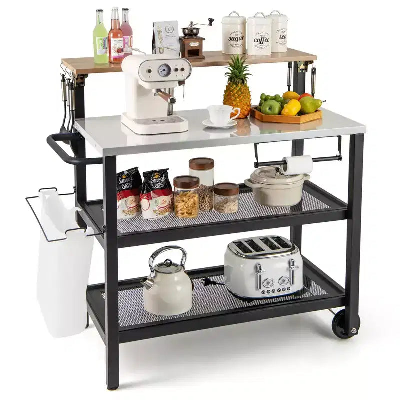 Costway Rolling Bar Cart w/ Flip-up Table Hooks Paper Towel Holder Trash Bag Holder