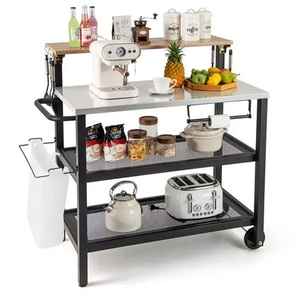 Costway Rolling Bar Cart w/ Flip-up Table Hooks Paper Towel Holder Trash Bag Holder