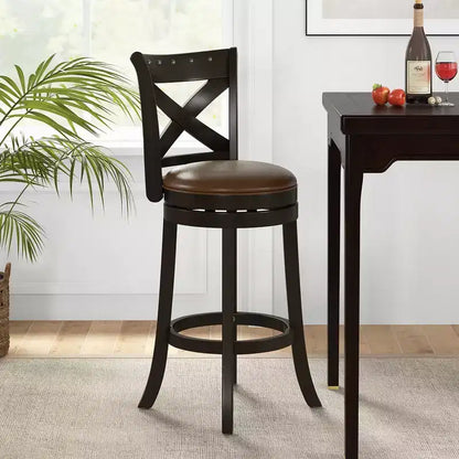 Tabouret de bar pivotant Costway de 79 cm de hauteur, assise en cuir PU, pieds en bois d'hévéa, repose-pieds