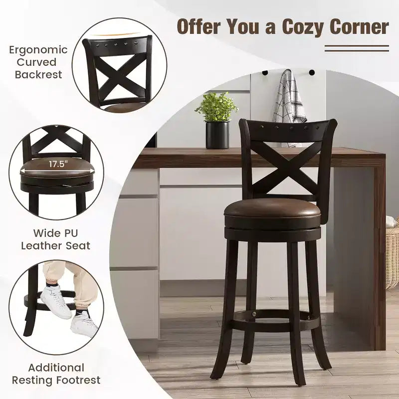 Tabouret de bar pivotant Costway de 79 cm de hauteur, assise en cuir PU, pieds en bois d'hévéa, repose-pieds