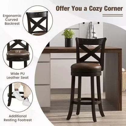 Tabouret de bar pivotant Costway de 79 cm de hauteur, assise en cuir PU, pieds en bois d'hévéa, repose-pieds