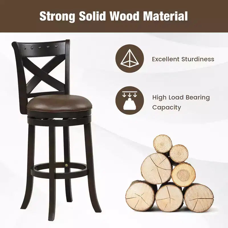 Tabouret de bar pivotant Costway de 79 cm de hauteur, assise en cuir PU, pieds en bois d'hévéa, repose-pieds