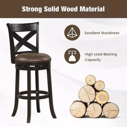 Tabouret de bar pivotant Costway de 79 cm de hauteur, assise en cuir PU, pieds en bois d'hévéa, repose-pieds