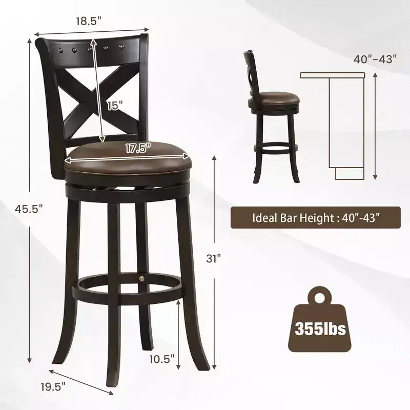 Tabouret de bar pivotant Costway de 79 cm de hauteur, assise en cuir PU, pieds en bois d'hévéa, repose-pieds