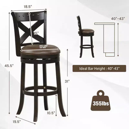 Tabouret de bar pivotant Costway de 79 cm de hauteur, assise en cuir PU, pieds en bois d'hévéa, repose-pieds