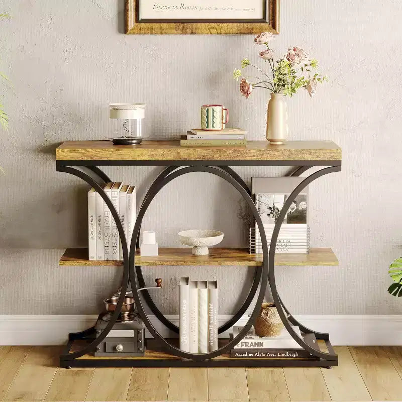 39 tables consoles étroites pour entrée, table de canapé industrielle à 3 niveaux avec base ronde en métal et étagères de rangement pour couloir, foyer