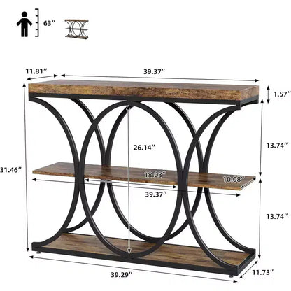 39 tables consoles étroites pour entrée, table de canapé industrielle à 3 niveaux avec base ronde en métal et étagères de rangement pour couloir, foyer