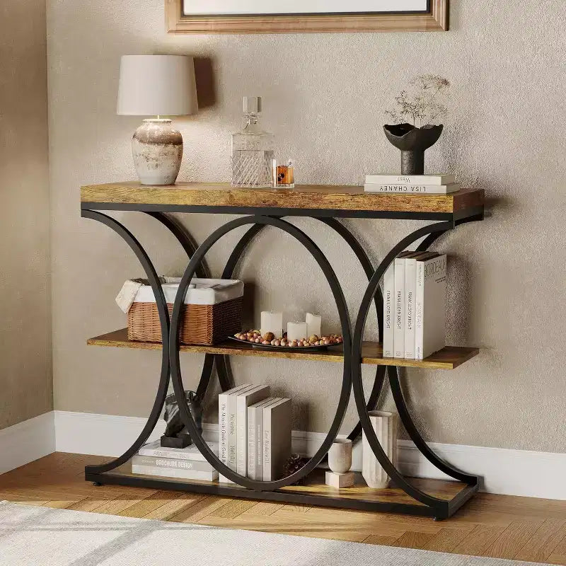 39 tables consoles étroites pour entrée, table de canapé industrielle à 3 niveaux avec base ronde en métal et étagères de rangement pour couloir, foyer