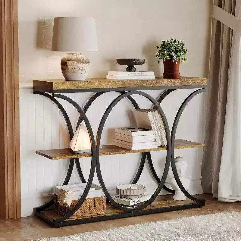 39 tables consoles étroites pour entrée, table de canapé industrielle à 3 niveaux avec base ronde en métal et étagères de rangement pour couloir, foyer