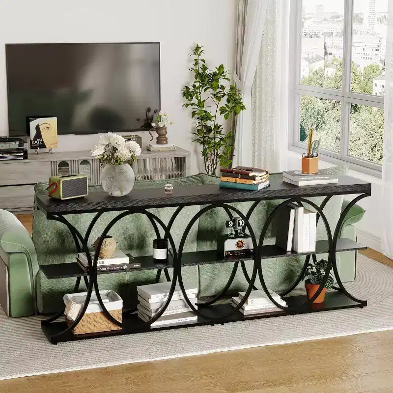 39 tables consoles étroites pour entrée, table de canapé industrielle à 3 niveaux avec base ronde en métal et étagères de rangement pour couloir, foyer