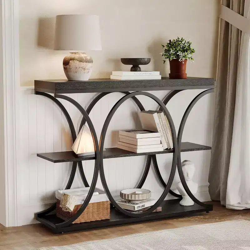 39 tables consoles étroites pour entrée, table de canapé industrielle à 3 niveaux avec base ronde en métal et étagères de rangement pour couloir, foyer