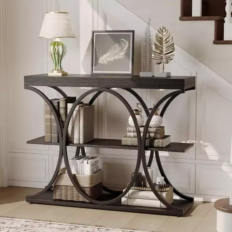 39 tables consoles étroites pour entrée, table de canapé industrielle à 3 niveaux avec base ronde en métal et étagères de rangement pour couloir, foyer
