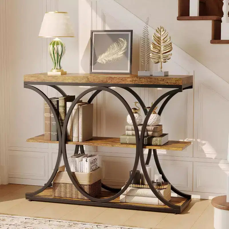 39 tables consoles étroites pour entrée, table de canapé industrielle à 3 niveaux avec base ronde en métal et étagères de rangement pour couloir, foyer