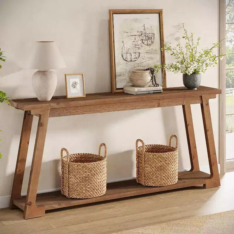 Console en bois massif Lantine de 63 pouces, table d'entrée à 2 niveaux, table basse étroite derrière le canapé pour le salon, le couloir