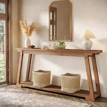 Console en bois massif Lantine de 63 pouces, table d'entrée à 2 niveaux, table basse étroite derrière le canapé pour le salon, le couloir