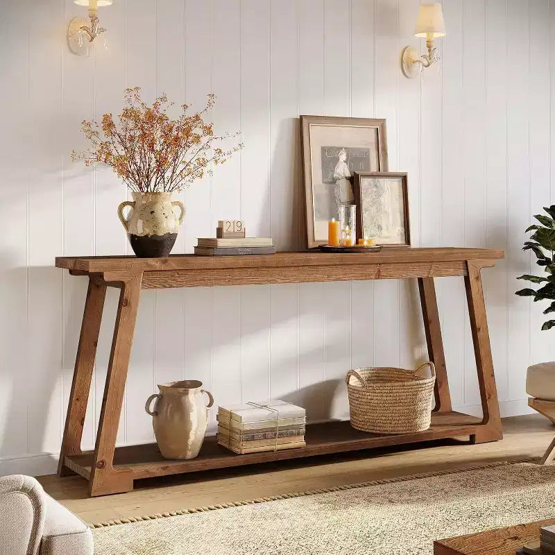 Console en bois massif Lantine de 63 pouces, table d'entrée à 2 niveaux, table basse étroite derrière le canapé pour le salon, le couloir