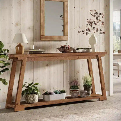 Console en bois massif Lantine de 63 pouces, table d'entrée à 2 niveaux, table basse étroite derrière le canapé pour le salon, le couloir