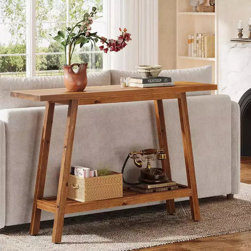 Table console à 2 niveaux en bois massif Lantine, Table d'entrée de 105 cm avec étagère de rangement, Table d'appoint étroite derrière le canapé pour couloir, foyer