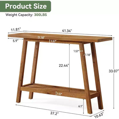 Table console à 2 niveaux en bois massif Lantine, Table d'entrée de 105 cm avec étagère de rangement, Table d'appoint étroite derrière le canapé pour couloir, foyer