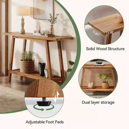 Table console à 2 niveaux en bois massif Lantine, Table d'entrée de 105 cm avec étagère de rangement, Table d'appoint étroite derrière le canapé pour couloir, foyer