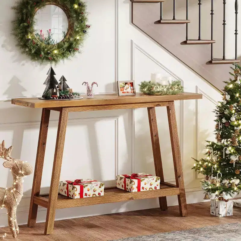 Table console à 2 niveaux en bois massif Lantine, Table d'entrée de 105 cm avec étagère de rangement, Table d'appoint étroite derrière le canapé pour couloir, foyer