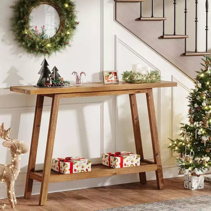 Table console à 2 niveaux en bois massif Lantine, Table d'entrée de 105 cm avec étagère de rangement, Table d'appoint étroite derrière le canapé pour couloir, foyer