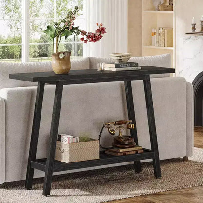 Table console à 2 niveaux en bois massif Lantine, Table d'entrée de 105 cm avec étagère de rangement, Table d'appoint étroite derrière le canapé pour couloir, foyer