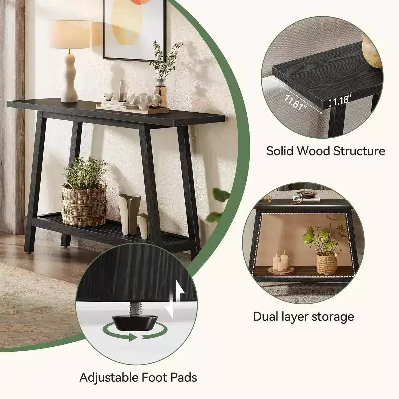 Table console à 2 niveaux en bois massif Lantine, Table d'entrée de 105 cm avec étagère de rangement, Table d'appoint étroite derrière le canapé pour couloir, foyer