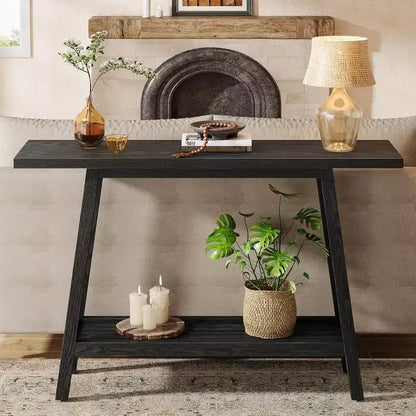 Table console à 2 niveaux en bois massif Lantine, Table d'entrée de 105 cm avec étagère de rangement, Table d'appoint étroite derrière le canapé pour couloir, foyer