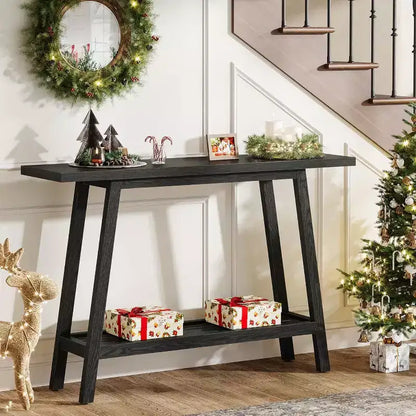 Table console à 2 niveaux en bois massif Lantine, Table d'entrée de 105 cm avec étagère de rangement, Table d'appoint étroite derrière le canapé pour couloir, foyer