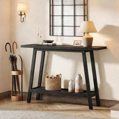 Table console à 2 niveaux en bois massif Lantine, Table d'entrée de 105 cm avec étagère de rangement, Table d'appoint étroite derrière le canapé pour couloir, foyer
