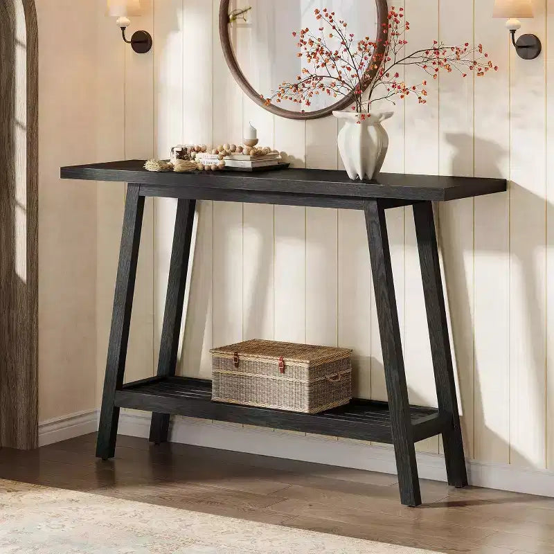 Table console à 2 niveaux en bois massif Lantine, Table d'entrée de 105 cm avec étagère de rangement, Table d'appoint étroite derrière le canapé pour couloir, foyer