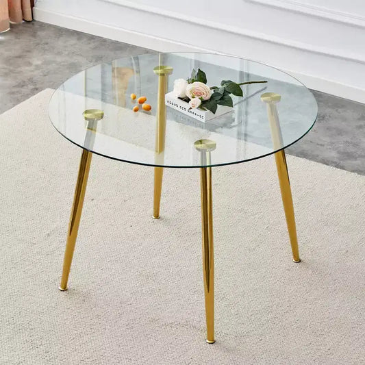 Round Glass Dining Table, 40 Inch Modern Minimalist Circular Dining Table With Gold Plated Metal Legs for Kitchen Dining Room, Golden