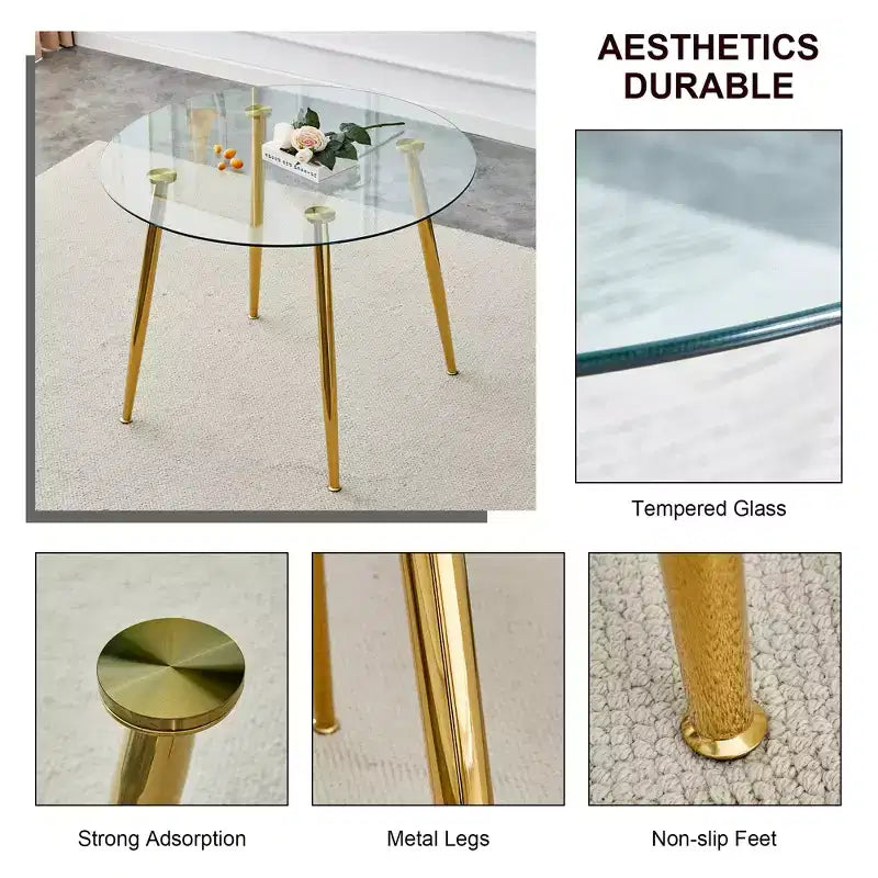 Table à manger ronde en verre, table de salle à manger circulaire moderne et minimaliste de 101,6 cm avec pieds en métal plaqué or pour cuisine salle à manger, doré