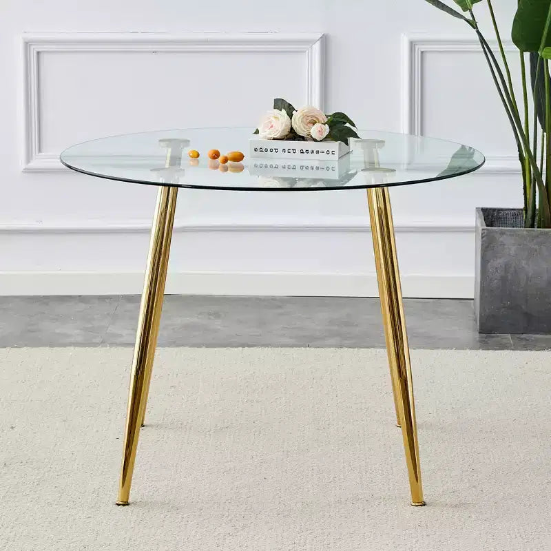 Table à manger ronde en verre, table de salle à manger circulaire moderne et minimaliste de 101,6 cm avec pieds en métal plaqué or pour cuisine salle à manger, doré