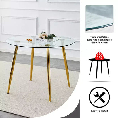 Table à manger ronde en verre, table de salle à manger circulaire moderne et minimaliste de 101,6 cm avec pieds en métal plaqué or pour cuisine salle à manger, doré