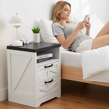 Table de chevet moderne avec 2 tiroirs, table d'appoint en bois de 40 cm de large, table d'appoint mince avec station de recharge, table de chevet pour salon et chambre à coucher