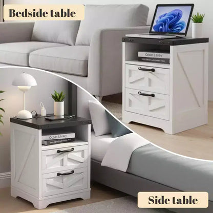 Table de chevet moderne avec 2 tiroirs, table d'appoint en bois de 40 cm de large, table d'appoint mince avec station de recharge, table de chevet pour salon et chambre à coucher