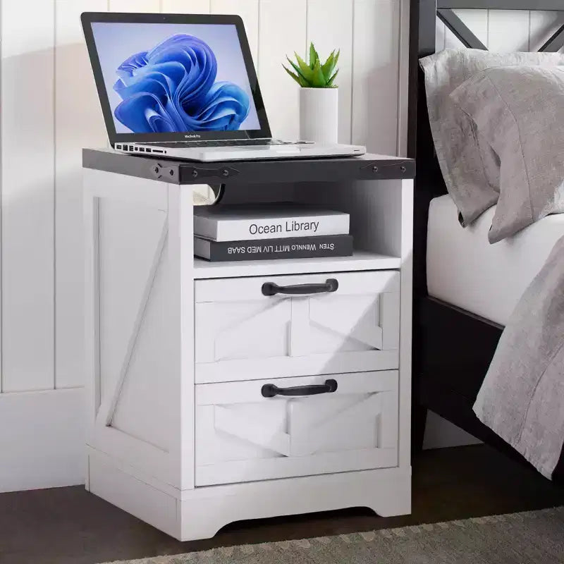 Table de chevet moderne avec 2 tiroirs, table d'appoint en bois de 40 cm de large, table d'appoint mince avec station de recharge, table de chevet pour salon et chambre à coucher