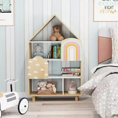Étagère à Livres Costway pour Enfants en Forme de Maison, Organisateur de Rangement de Jouets à 4 Niveaux avec Compartiments Ouverts
