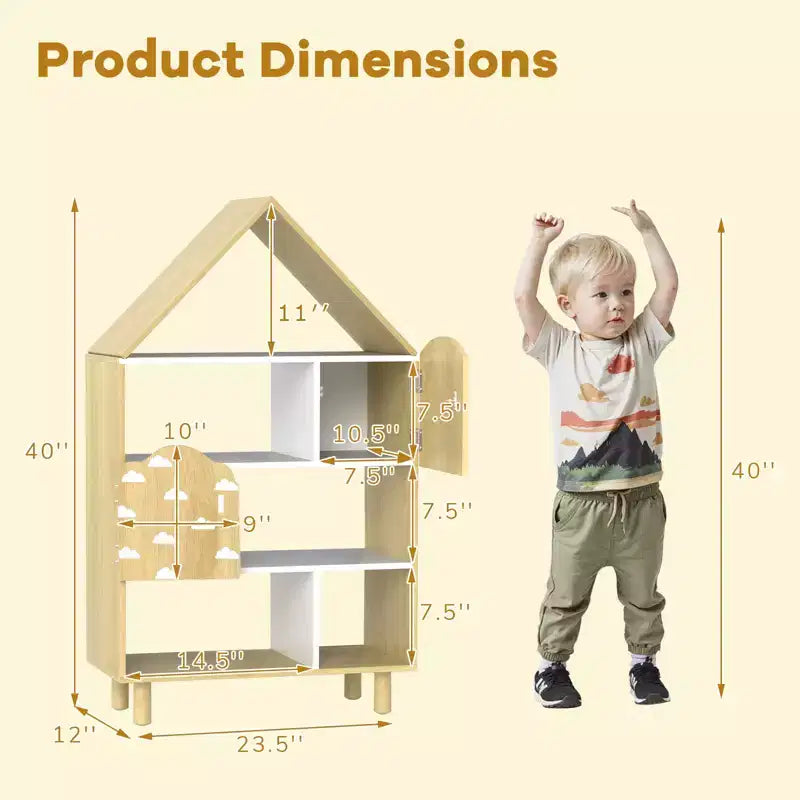 Étagère à Livres Costway pour Enfants en Forme de Maison, Organisateur de Rangement de Jouets à 4 Niveaux avec Compartiments Ouverts