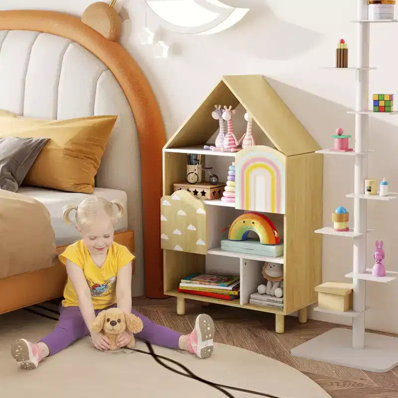 Étagère à Livres Costway pour Enfants en Forme de Maison, Organisateur de Rangement de Jouets à 4 Niveaux avec Compartiments Ouverts